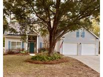 Charming two-story home with light gray siding, blue shutters, manicured lawn, and a mature shade tree in front at 2000 Gray Battery Court Ct, Mount Pleasant, SC 29464