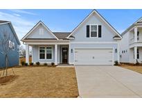 Charming light blue home with a two-car garage and manicured lawn on a sunny day at 347 Wappoo Trace Ln, Summerville, SC 29486