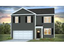 Two-story home featuring gray siding, black shutters, and an attached two-car garage, set against a sunset backdrop at 1048 Forrest Creek Dr, Summerville, SC 29483