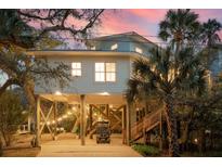 Charming stilt home with palm trees and string lights at sunset offers a relaxed coastal feel at 217 E Huron Ave, Folly Beach, SC 29439
