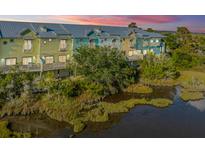 Scenic waterfront townhome featuring multiple units with decks, colorful exteriors, and lush landscaping with marsh view at 1011 Lighterman Way, Charleston, SC 29412