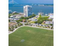 Scenic aerial view features a grassy recreation field, harbor, and high-rise buildings at 330 Concord St # Th 9, Charleston, SC 29401