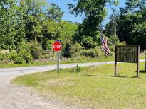 A Hickory Hill sign and an American flag stand beside a rural road on a sunny day at 6935 Hickorynut Ln, Ravenel, SC 29470