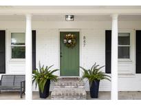 Charming home entrance with a green door, black shutters, and decorative potted ferns at 847 Condon Dr, James Island, SC 29412