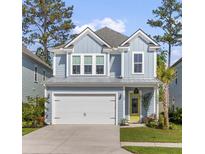 Charming two-story home with light-blue siding, well-manicured lawn and mature trees at 137 Low Tide Ct, Charleston, SC 29492