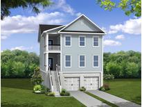 New construction home with light blue siding, white trim, double garage, and charming double porches at 107 Tidewater Way, Charleston, SC 29492