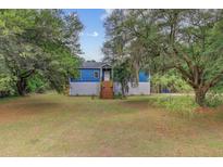 Charming home featuring a blue exterior, complemented by a well-maintained lawn and mature trees at 5669 Sands Rd, Hollywood, SC 29449