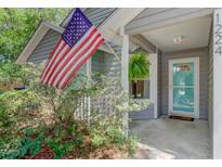 Charming covered front porch featuring an American flag, house number, and a hanging fern at 1224 Decoy Ct, Mount Pleasant, SC 29464