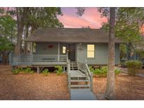 Charming coastal home with elevated porch and walkway surrounded by lush landscaping and trees at 208 Sea Cloud Cir, Edisto Island, SC 29438