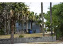 Cozy blue home surrounded by lush palm trees and a charming block wall in the front yard at 1106 Palmetto Blvd, Edisto Island, SC 29438