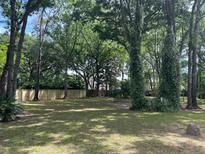Large backyard featuring a well-maintained lawn, mature trees, and a light-colored privacy fence at 638 Leisure Ln, Mount Pleasant, SC 29464