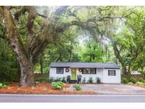 Charming white home with vibrant green door, wreaths, and lush landscaping under a canopy of trees at 3293 River Rd, Johns Island, SC 29455