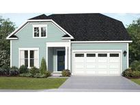 Charming one-story home featuring a two-car garage, blue siding, and classic architectural details at 434 Evening Glow Ln, Summerville, SC 29486