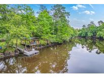 Stunning waterfront home featuring a private dock and covered entertaining area surrounded by lush greenery at 100 Canal Rd, Saint George, SC 29477