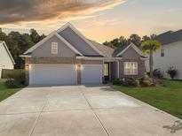 Charming single-Gathering home featuring a two-car garage, manicured lawn, and beautiful brick and siding details at 209 Celestial Blvd, Summerville, SC 29486