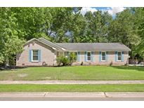 Charming single-story brick home featuring blue shutters and mature trees surrounding the landscaped front yard at 1673 Sulgrave Rd, Charleston, SC 29414