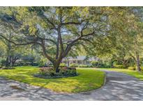 Stunning front yard with mature trees and lush landscaping leading to a charming home with a circular driveway at 108 E Walker Dr, Summerville, SC 29483