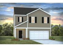 New two-story home with black shutters, a gray exterior, a two-car garage, and manicured landscaping at 415 Mistflower Ln, Moncks Corner, SC 29461