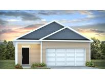 Single-story home showcasing a two-car garage and a neatly landscaped front yard with black front door and tan siding at 416 Mistflower Ln, Moncks Corner, SC 29461