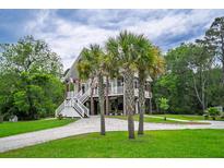 Charming raised beach house with white stairs and palm trees in the front yard at 1064 Blackbear Dr, Edisto Island, SC 29438