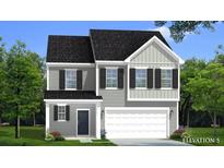 Charming two-story home featuring gray siding, black shutters, and an attached two-car garage at 418 Cadbury Loop, Summerville, SC 29486
