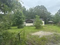 Modest single-story home featuring a chimney and screen porch, nestled amidst mature trees and a spacious front yard at 923 Old Back River Rd, Goose Creek, SC 29445