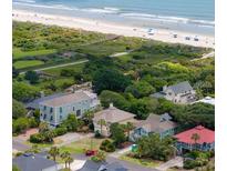 An aerial view shows stunning beach-adjacent homes, with lush greenery and pristine sandy shores nearby at 30 Beachside Dr, Isle of Palms, SC 29451