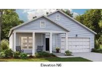 Charming one-story home with light blue siding, a covered porch, and an attached garage at 108 Orchard Blossom Ln, Summerville, SC 29485