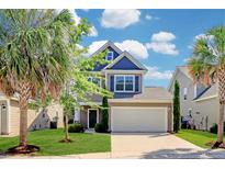 Charming two-story home with a well-manicured lawn, a two-car garage, and mature palm trees at 1484 Milldam Pass, Johns Island, SC 29455