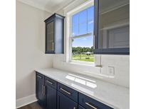 Bright kitchen features custom navy cabinetry with brass hardware, quartz countertops, and a view of the outdoors at 2032 Sea Water Dr, Charleston, SC 29412