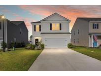 Charming two-story home featuring a well-manicured lawn and a two-car garage at sunset at 315 Black Birch Dr, Summerville, SC 29486