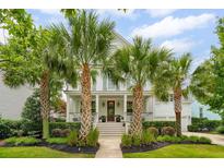 Charming two-story home with a welcoming front porch and beautifully landscaped yard with lush palm trees at 1407 Wando View St, Daniel Island, SC 29492