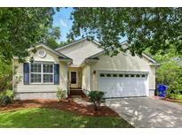 Charming yellow home with a well-manicured front yard and attached two-car garage at 1321 Wild Olive Dr, Mount Pleasant, SC 29464