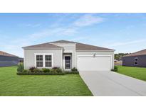 Charming single-story home with gray siding, a well-manicured lawn, and an attached two-car garage at 528 Blue Mistflower Dr, Moncks Corner, SC 29461