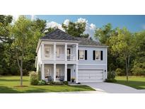 Two-story home featuring light blue siding, white columns, a gray roof, and an attached two-car garage at 171 Threaded Fern Lndg, Summerville, SC 29485