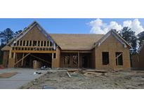 Unfinished exterior showcasing the structure, roof, and garage of a single-story home with a concrete driveway at 232 Huguenot Trl, Huger, SC 29450