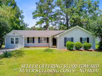 Charming single-story home features a well-manicured lawn and a classic design with black shutters and natural landscaping at 405 Amberjack Way, Summerville, SC 29485