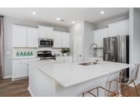 Bright kitchen featuring white cabinets, stainless steel appliances, and a large quartz island at 111 Orchard Blossom Ct, Summerville, SC 29485