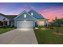 Charming single-Gathering home featuring blue siding, a two-car garage, and a well-manicured lawn at sunset at 123 Leeward Lndg, Summerville, SC 29486