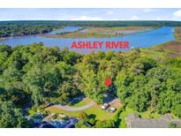 Beautiful aerial view of the home nestled among trees with a river view in the background at 7074 W Constellation Dr, North Charleston, SC 29418