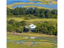 Aerial view of a charming waterfront home nestled amidst lush greenery with stunning marsh views at 226 Old House Ln, Dewees Island, SC 29451