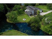 A lovely aerial shot of the home's backyard with a pond, fountain, fire pit, and seating area at 806 Westos Way, Mount Pleasant, SC 29464