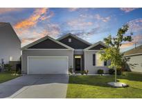 Charming single-story home with a two-car garage and a well-manicured lawn at sunset at 545 Wayton Cir, Moncks Corner, SC 29461