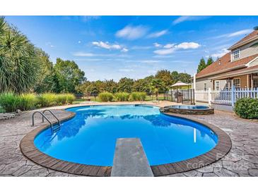 Inviting backyard pool and spa area surrounded by mature landscaping and a privacy fence at 7876 Rebecca Rd, Denver, NC 28037