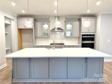 Bright kitchen features a large island, stainless steel appliances, pendant lighting, and gray cabinetry at 9653 Liberty Hill Dr, Mint Hill, NC 28227