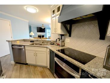 This kitchen features granite countertops, stainless steel appliances, and modern white cabinets at 18867 Vineyard Point Ln, Cornelius, NC 28031