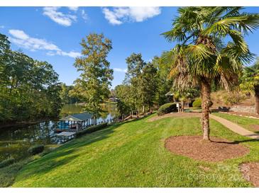 Picturesque lake view with a private dock, lush landscaping, and mature trees for a serene outdoor setting at 4145 Cindy Ln, Denver, NC 28037