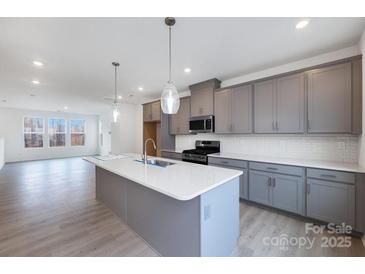 Bright kitchen features gray cabinets, a large island, stainless appliances and modern pendant lighting at 1617 Blanche St, Charlotte, NC 28262