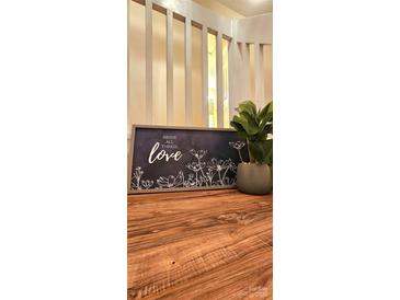 Wooden table with framed art and plant at 10105 Reindeer Way Ln, Charlotte, NC 28216
