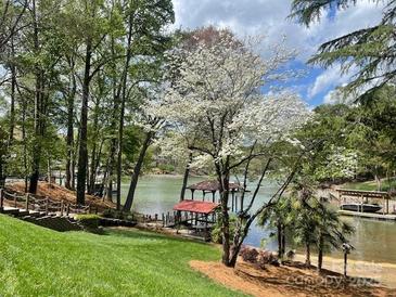 Lush backyard with lake access, a covered dock, and mature trees providing shade at 377 Riverwood Rd, Mooresville, NC 28117